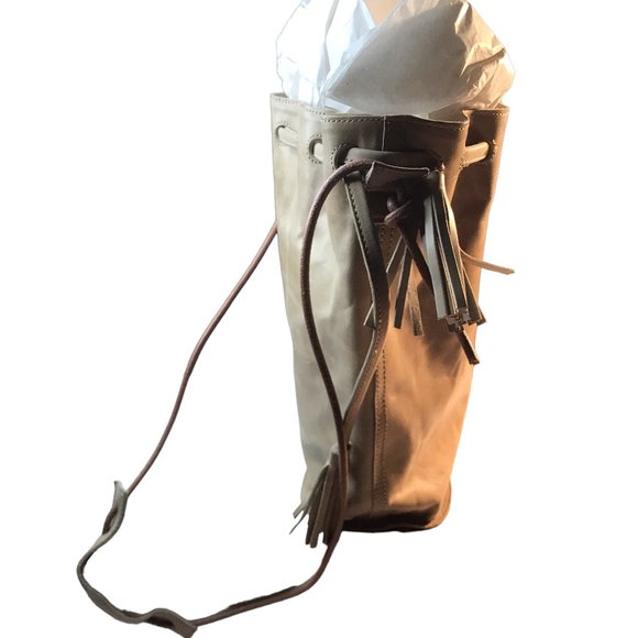 MONSERAT De LUCCA Sacha Beige Sand LEATHER Tassel Drawstring Fringe Bucket Bag! - Picture 4 of 13